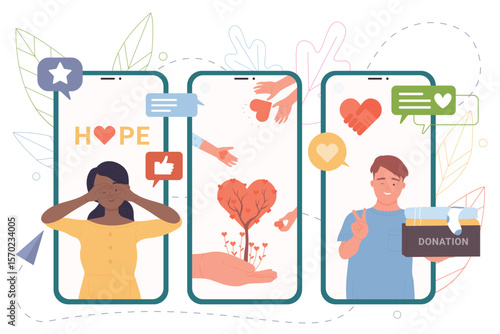 Online charity and fundraising on screen of mobile phones vector illustration. Cartoon hands give heart, people donate humanitarian aid, clothes and food box via app in smartphones. Donation concept