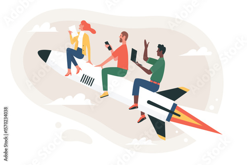 Startup launch by team of entrepreneurs, teamwork of business partners. Cartoon people fly up on rocket, idea development of employees flat vector illustration. Progress, mission, success concept