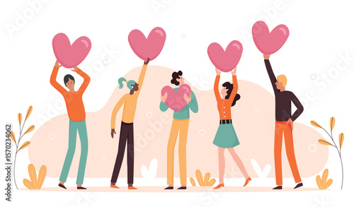 Customers review, support and best rating of services. Cartoon satisfied clients or followers holding hearts to rate and vote for quality of experience flat vector illustration. Satisfaction concept