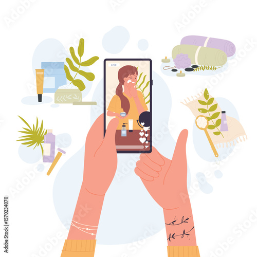 Beauty blog, skin care treatment and dermatology in social media. Cartoon young female blogger teaching makeup, girl showing comparison of cosmetic products on screen of phone flat vector illustration