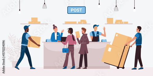 Distribution of parcels from warehouse and letters in post office Cartoon postal workers in uniform carry boxes, people send or receive packages flat vector illustration. Delivery, ecommerce concept