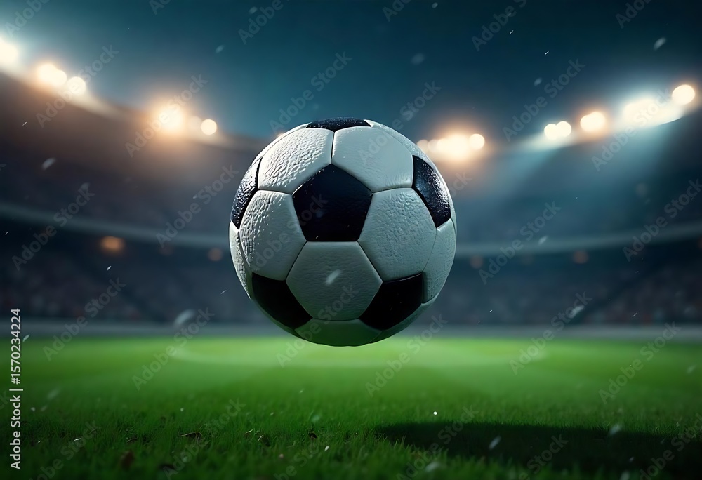 Naklejka premium Generative AI Soccer ball flying over a stadium pitch night