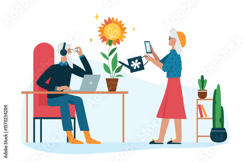 Senior couple protect pension, save money. Retired man sitting at laptop, rich woman growing light bulb plant and planning future wealth flat vector illustration. Finance, literacy, retirement concept