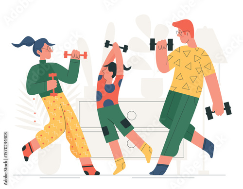 Active sport exercises and physical workout of family. Cartoon characters training at home, happy parent and kid or siblings holding dumbbells flat vector illustration. Wellbeing, fitness concept