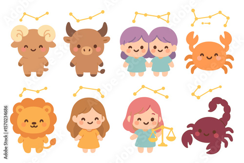 Cute zodiac signs vector illustration for astrological design in flat style