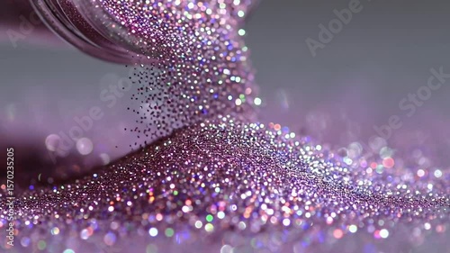 Pouring purple glitter from a container creating a sparkling and shiny pile