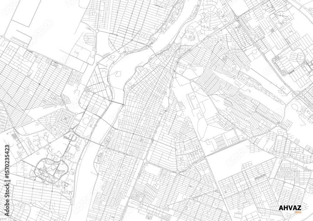 Fototapeta premium A monochrome vector map of Ahvaz, highlighting highways