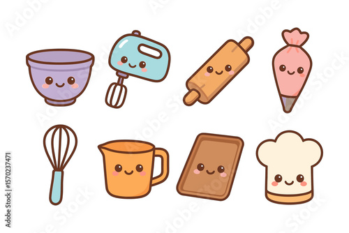 Cute baking equipment vector illustration for kitchen decor in kawaii style
