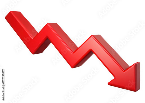 Red 3d arrow graph showing downward trend isolated on transparent background