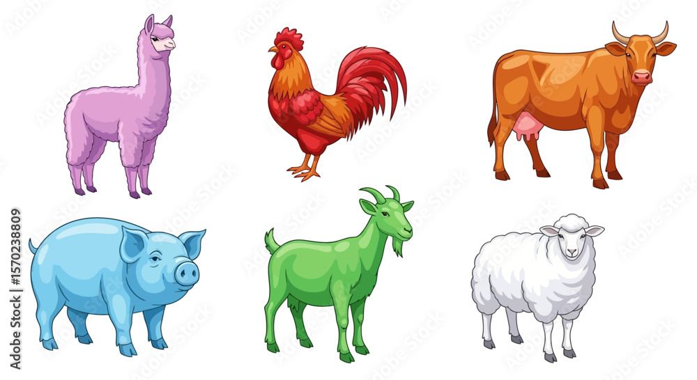 Vector illustration of farm animals including cow pig sheep goat rooster and llama for educational use vector art Vector illustration of farm animals including cow pig sheep goat rooster and llama for educational use vector art