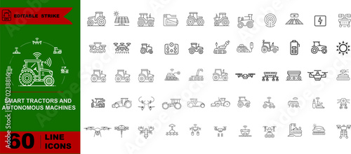  Outline Agri-Tech Icons – Robotic Tiller, Electric Tractor Charging, GPS Tractor