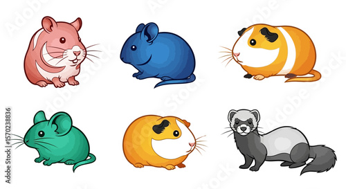 Vector illustration of cute cartoon rodents and small mammals including hamster mouse guinea pig and ferret pet animal