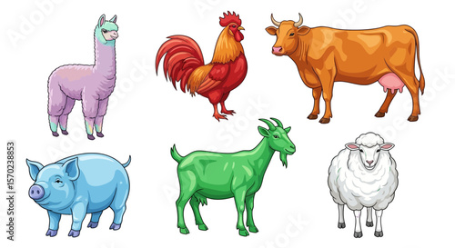 Vector farm animals illustration featuring cow, pig, sheep, goat, rooster and llama cartoon drawing image