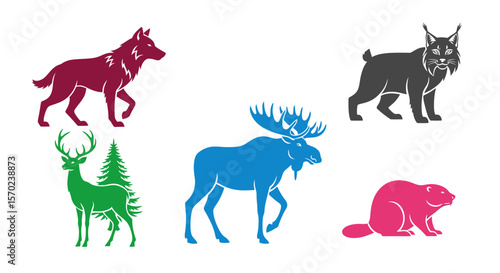 Vector wildlife animals vector illustration featuring wolf deer moose lynx and beaver for nature and hunting themes