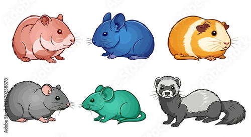 Vector cute cartoon rodents collection hamster guinea pig mouse rat ferret drawing illustration vector image art
