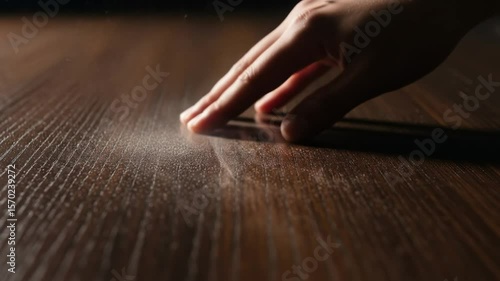 Wallpaper Mural Close up of a hand gently spreading fine powder on a wooden surface in slow motion natural light Torontodigital.ca
