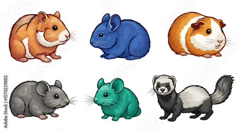 Vector cute cartoon rodents and ferret illustration featuring hamster chinchilla guinea pig and mouse pet animals