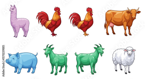 Vector illustration of farm animals including cow, pig, sheep, llama, goat and rooster vector graphics