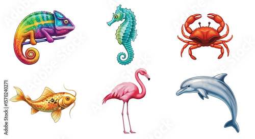 Vector colorful animal illustration featuring chameleon seahorse crab fish flamingo and dolphin wildlife design art vector