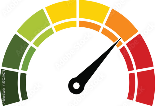 Speedometer gauge with needle pointing towards red indicating high speed or danger.