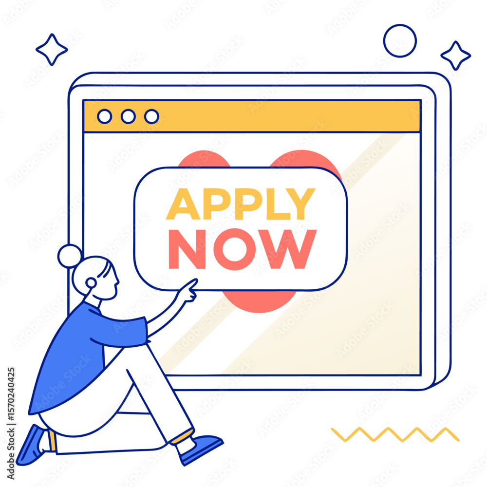 Obraz premium A person is sitting and pointing at a computer screen with the words apply now in large letters and a bright modern design