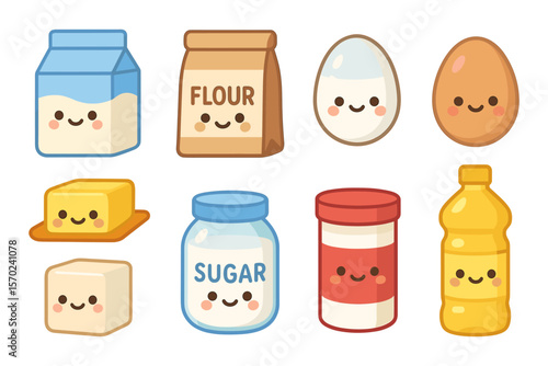 Cute kawaii baking ingredients vector illustration for fun kitchen decor, flat style