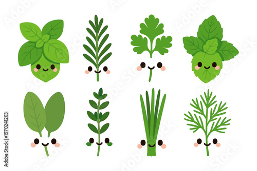 Cute herb characters vector illustration for kitchen decor in flat style