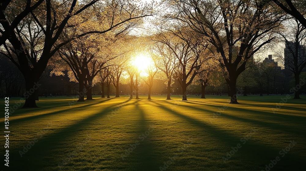 Fototapeta premium Golden sunlight streams through trees in a park