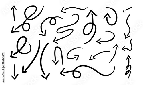 Set of vector curved arrows hand drawn. Sketch doodle style. Collection of pointers