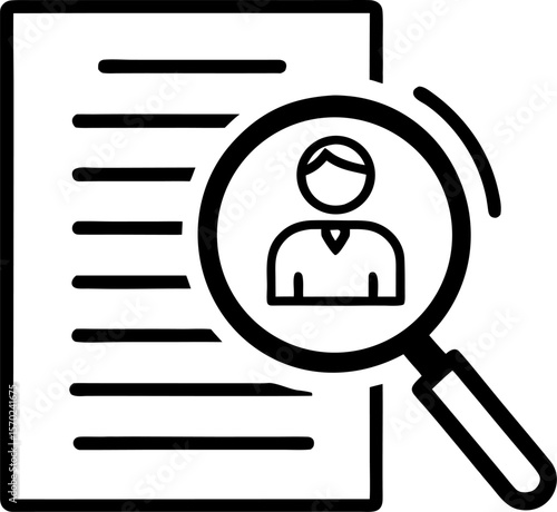 Line art of a magnifying glass over a resume, symbol of candidate selection with white background.