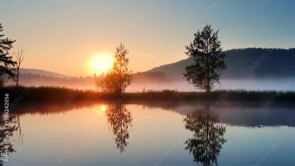 Captivating Lakeside Sunrise Scenery with Foggy Mountains and Reflections Captivating Lakeside Sunrise Scenery with Foggy Mountains and Reflections