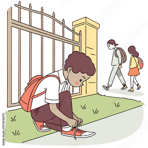 A young boy with a backpack kneels down to tie his shoelaces on the sidewalk in front of a school gate as other students walk by