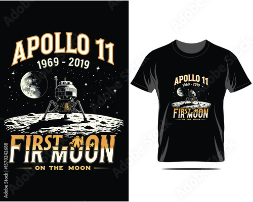 Apollo 11 Moon Landing Anniversary T Shirt Design Illustration on Black