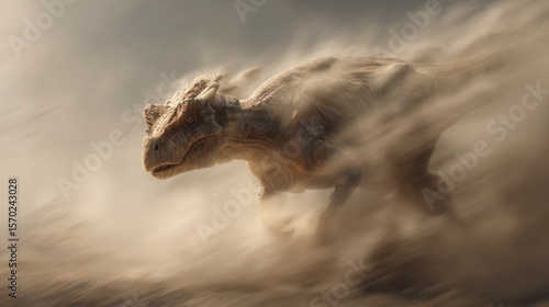 Dinosaur in Dust Storm: A ferocious dinosaur charges through a swirling dust storm, illustrating a primal and intense struggle in the prehistoric era.