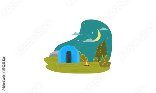 Night theme landscape illustration in flat style with tent, campfire, mountains, forest and water. Background for summer camp, nature tourism, camping or hiking design concept.