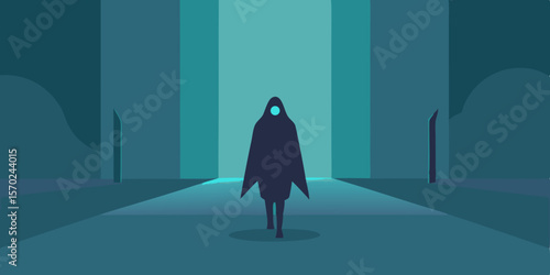 A dark and mysterious figure in a black hooded cloak, blending horror with Arabian fashion, evokes a unique sense of beauty