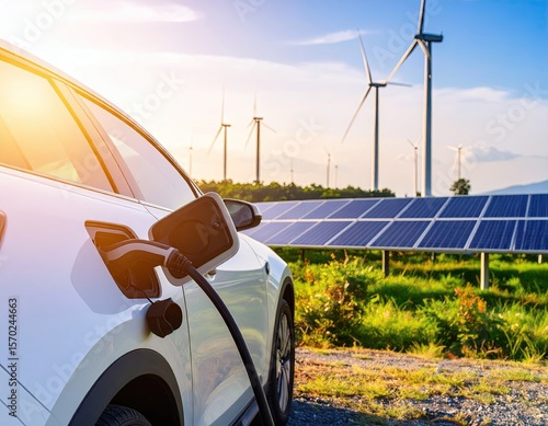 Electric car charging at a solar farm