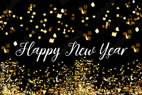 Festive 3D design of Happy New Year with golden confetti on a dark background.