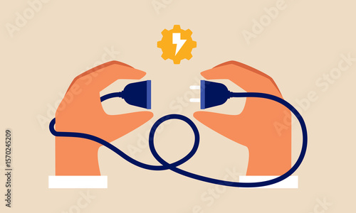 Two hand connecting Electric socket with a plug illustration. Connection and disconnection concept. Concept of 404 error connection. Electric plug and outlet socket unplugged