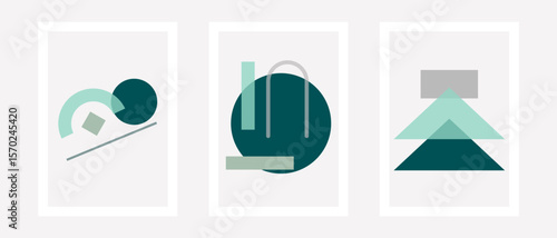 Geometric minimal background set. Simple primitive figures, modern posters suprematism bauhaus style. Set of creative minimalist illustrations for wall decoration, postcard or brochure cover design.