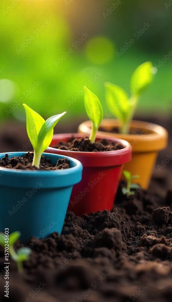 Vibrant Spring Growth Colorful Clay Pots and Emerging Green Sprouts Basking in Sunlight, Ready for Planting Vibrant Spring Growth Colorful Clay Pots and Emerging Green Sprouts Basking in Sunlight, Ready for Planting