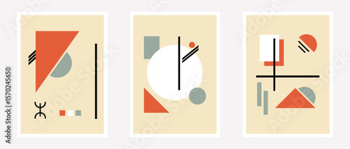 Geometric minimal background set. Simple primitive figures, modern posters suprematism bauhaus style. Set of creative minimalist illustrations for wall decoration, postcard or brochure cover design.