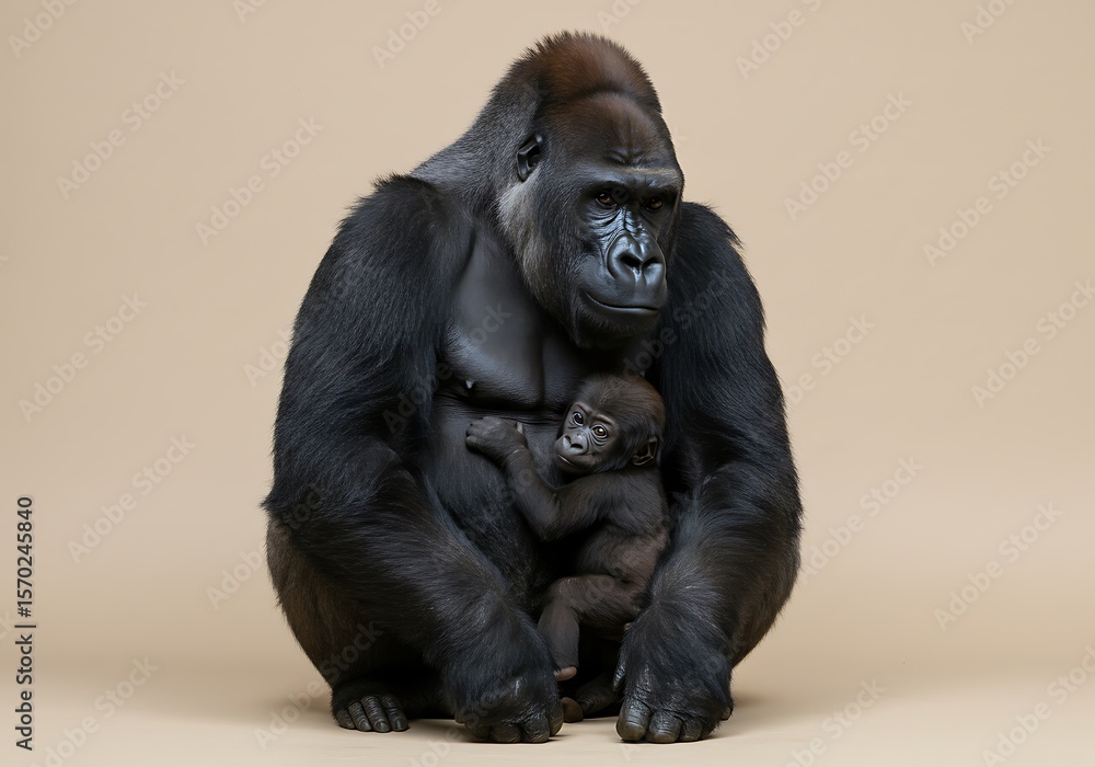 Obraz premium Gorilla Father with Baby Clinging to Chest on Light Taupe Background