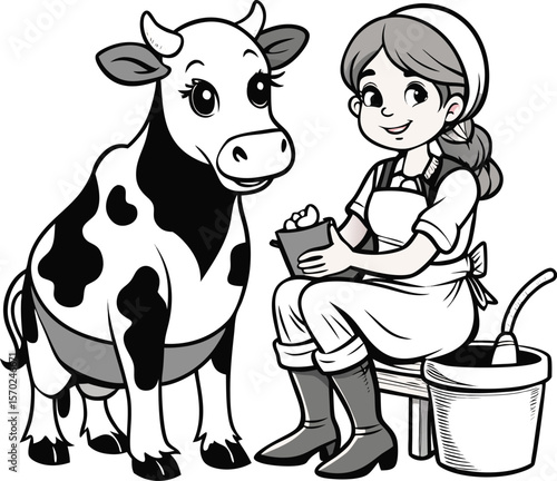Farmer woman milking spotted cow cartoon