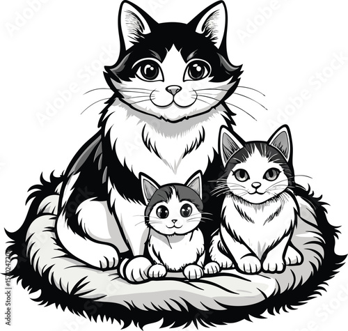 Fluffy cats family portrait kittens black and white