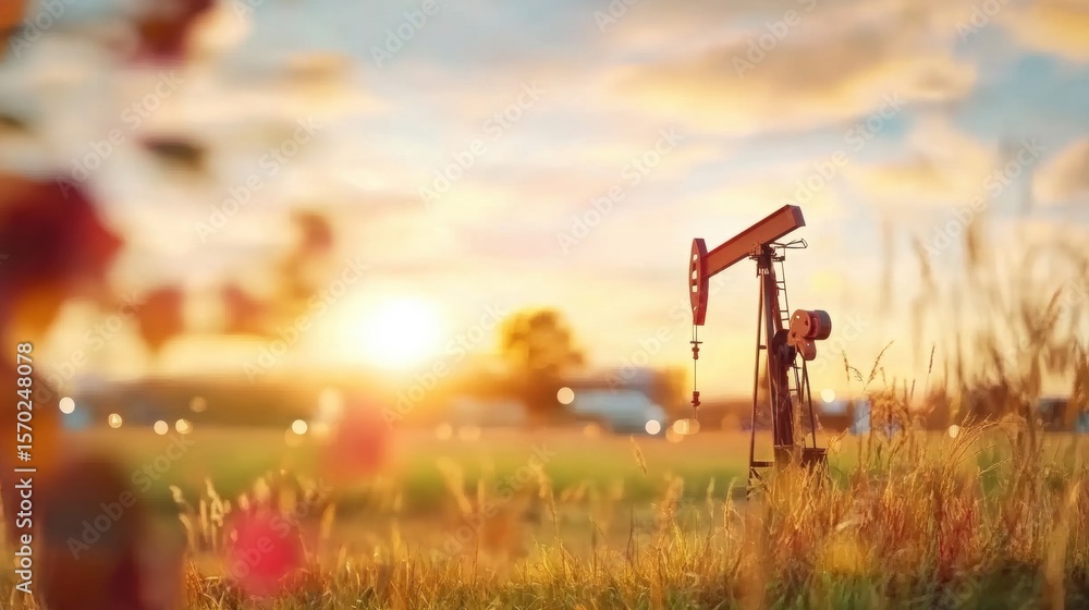 Naklejka premium Evening light illuminates an oil pump jack in a rural field at sunset