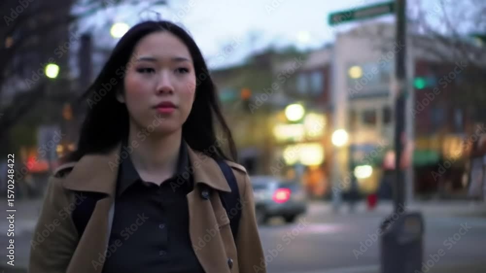 Young woman in a coat walks on a street with blurred buildings in the background Young woman in a coat walks on a street with blurred buildings in the background