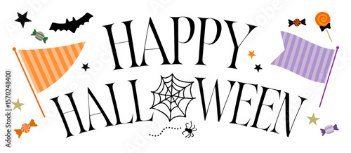 Happy Halloweenの文字と装飾が施されたデザインロゴ素材（ハロウィン タイトル 飾り 文字 ベクター）