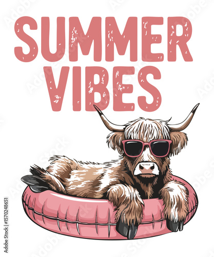 Summer Vibes Funny Highland Cow in Pool Float T-Shirt design vector, Relaxing Highland Cow with Sunglasses,  Summer Tee, Summer Vibes, Highland cow, Scottish Highland cow, cow, cattle, animal, funny, 