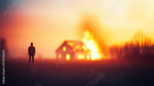 Burning house captivates onlooker at dusk in rural setting